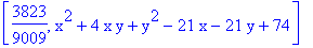 [3823/9009, x^2+4*x*y+y^2-21*x-21*y+74]